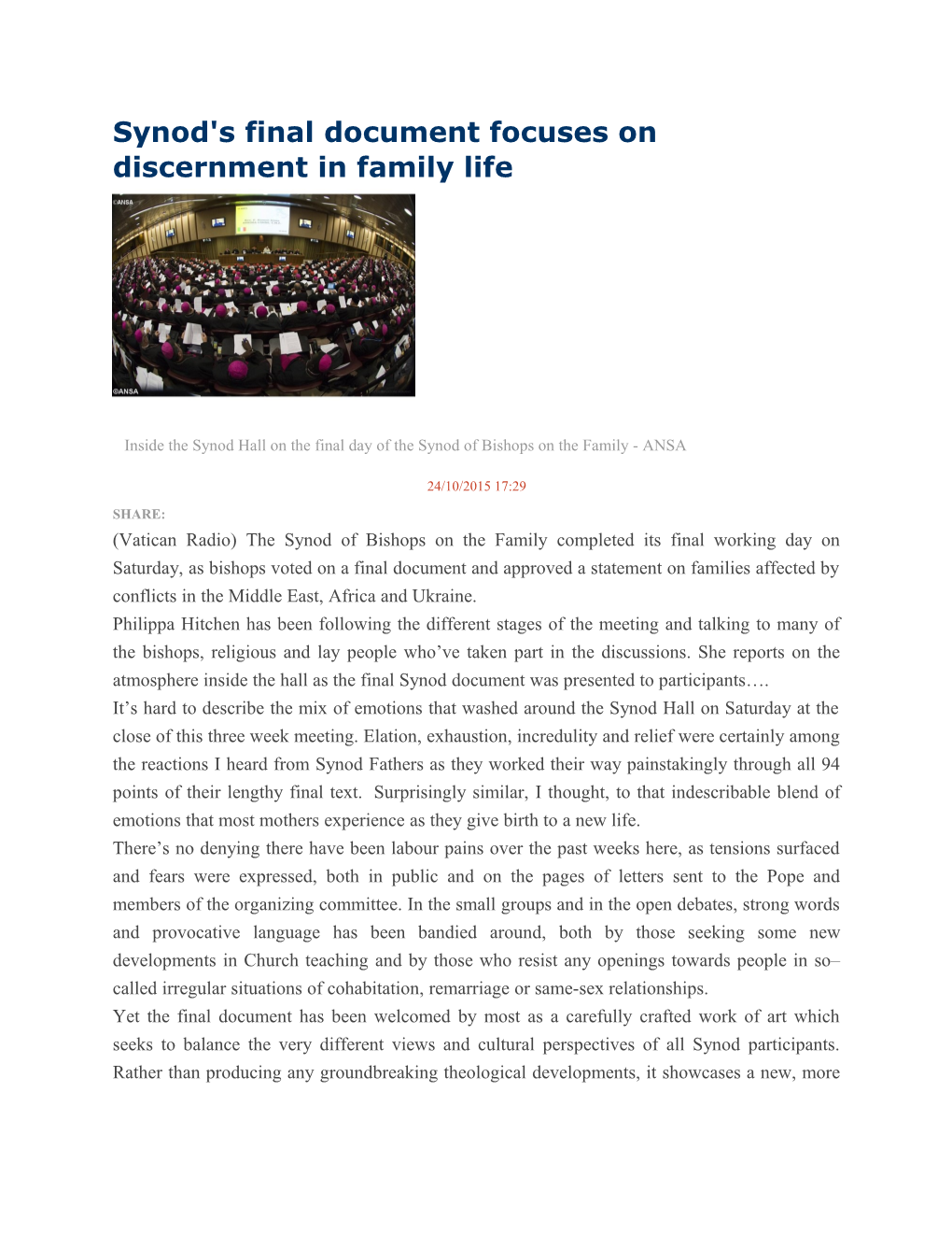 Synod's Final Document Focuses on Discernment in Family Life