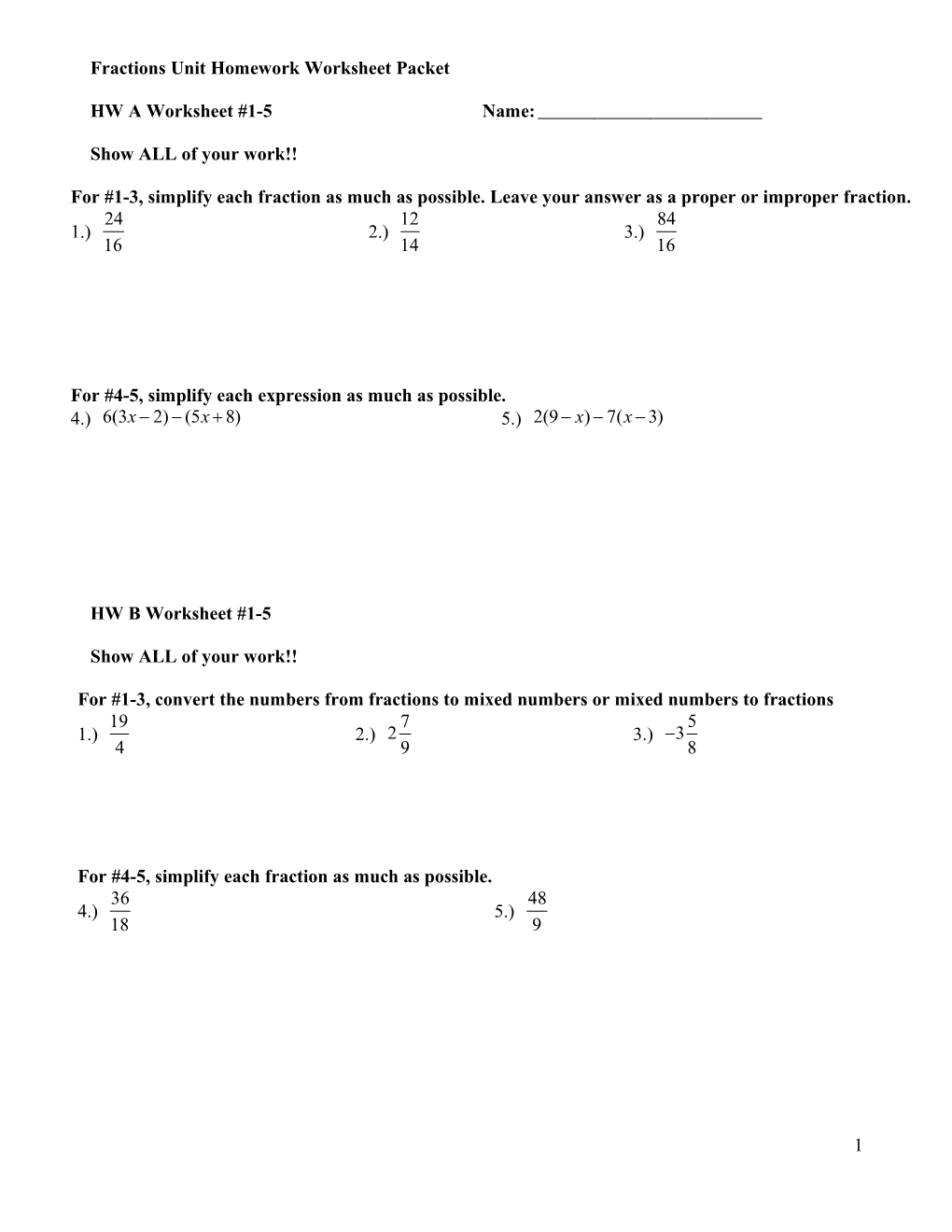 Fractions Unit Homework Worksheet Packet