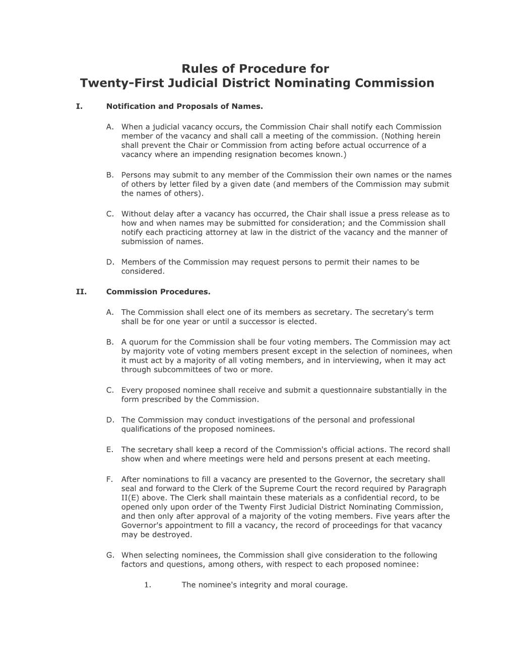 Rules of Procedure for Twenty-First Judicial District Nominating Commission
