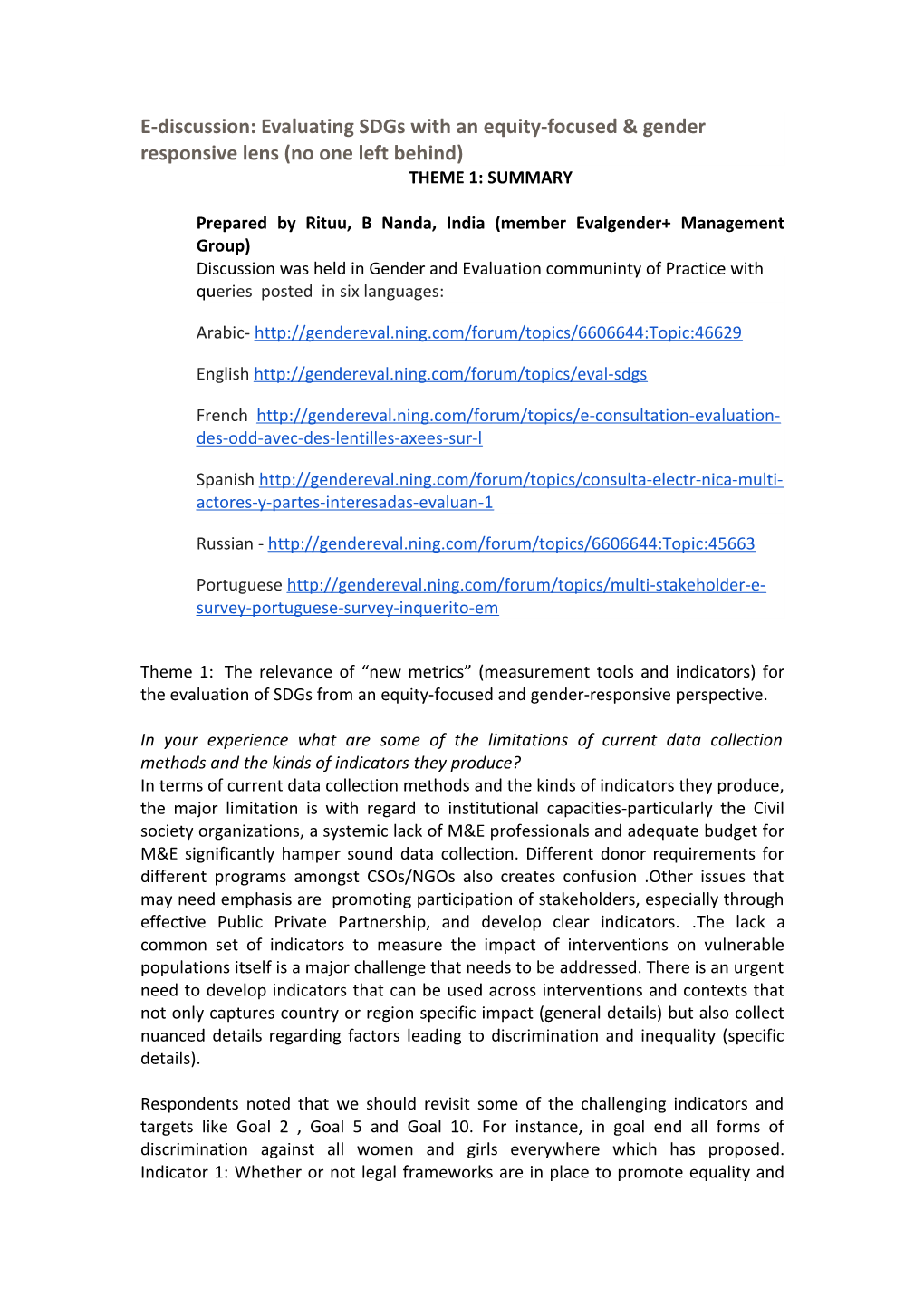 E-Discussion: Evaluating Sdgs with an Equity-Focused & Gender Responsive Lens (No One