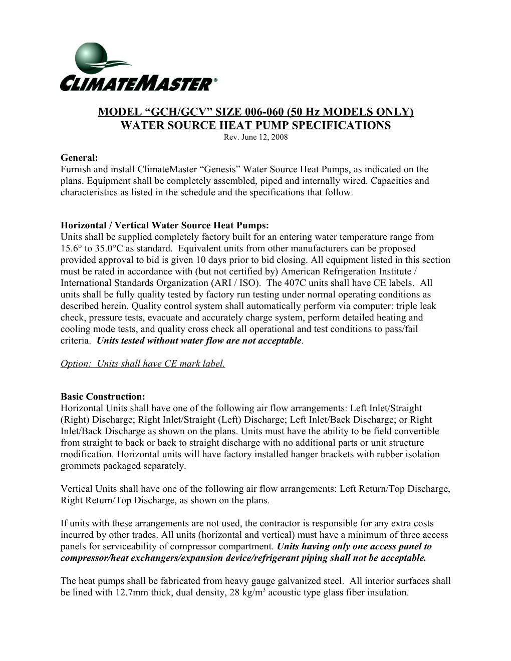 Gc Water Source Heat Pump Specifications