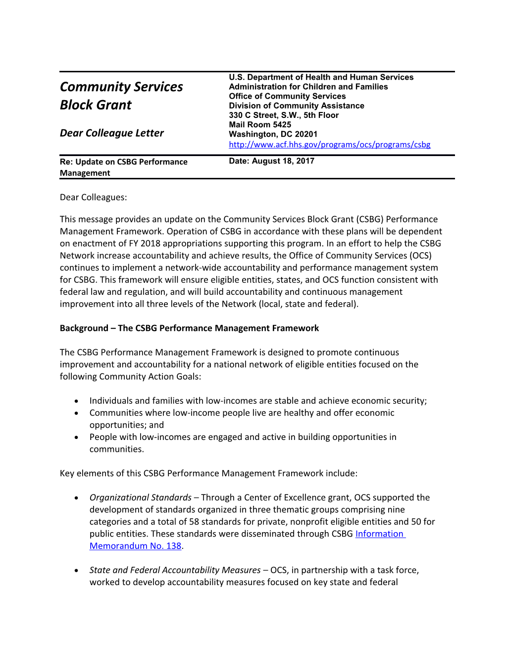 Background the CSBG Performance Management Framework