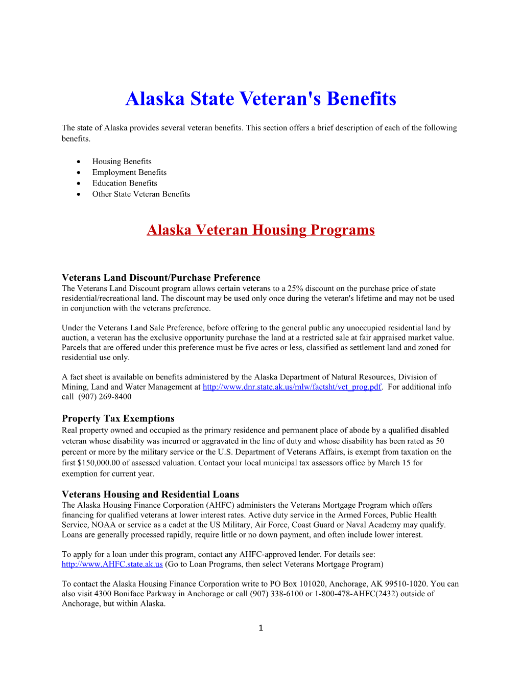 Alaska State Veteran's Benefits