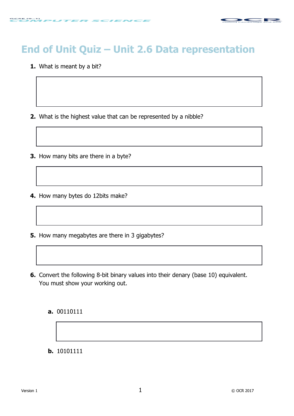 OCR GCSE (9-1) Computer Science End of Unit Quiz 2.6