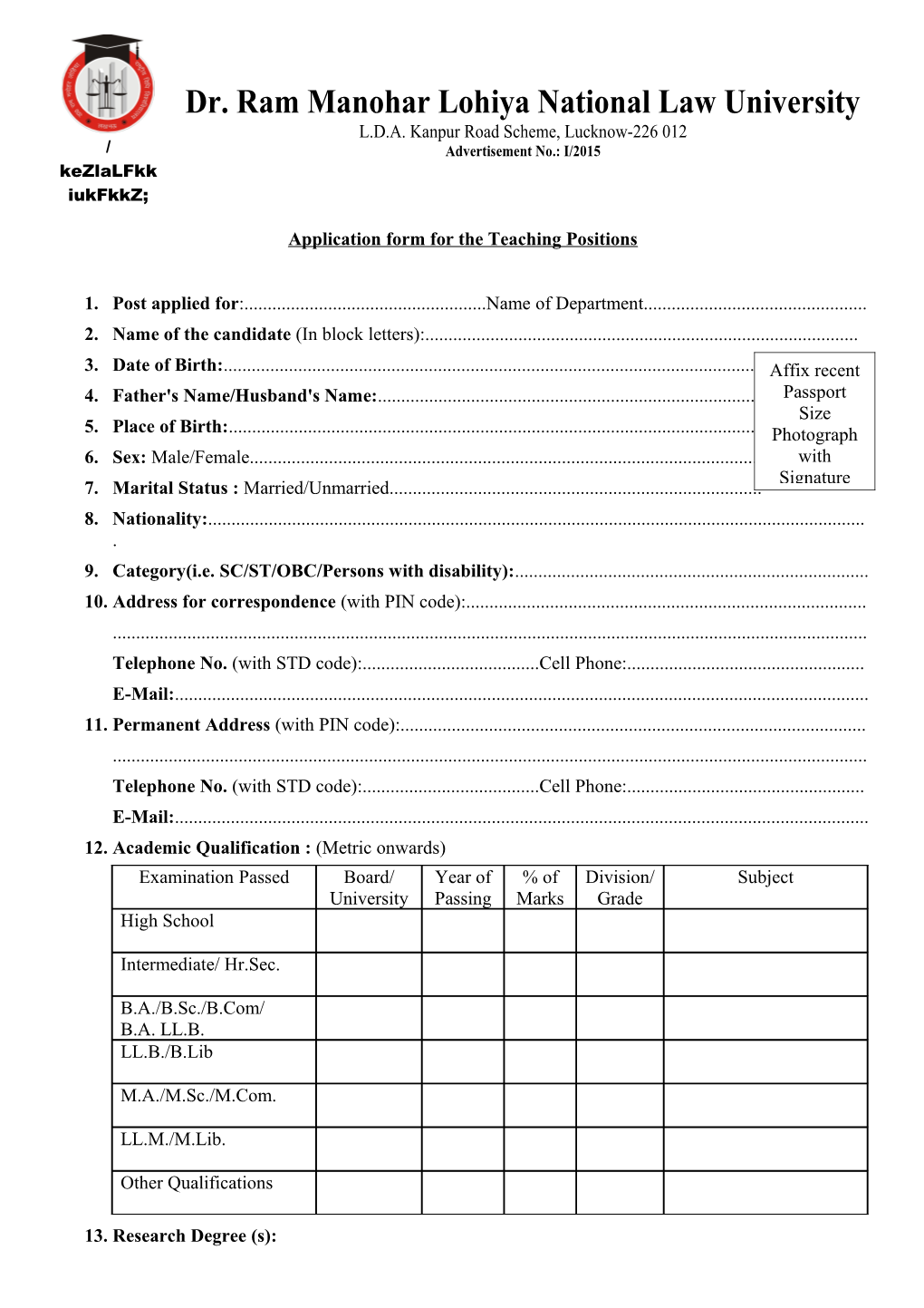 Application Form for the Teaching Positions