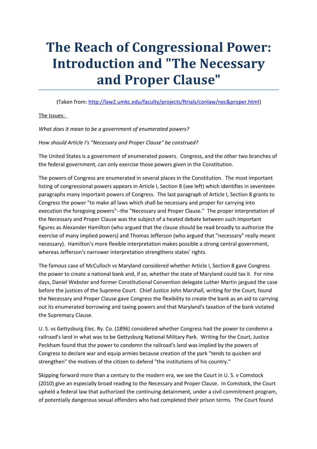 The Reach of Congressional Power: Introduction and the Necessary and Proper Clause