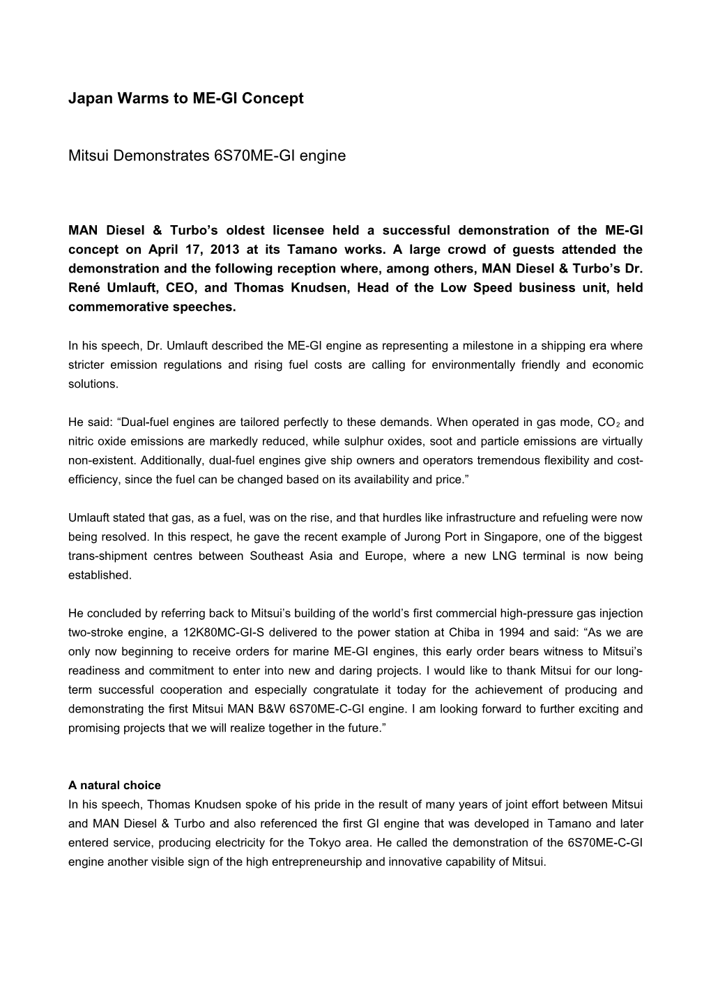 Mitsui Demonstrates 6S70ME-GI Engine