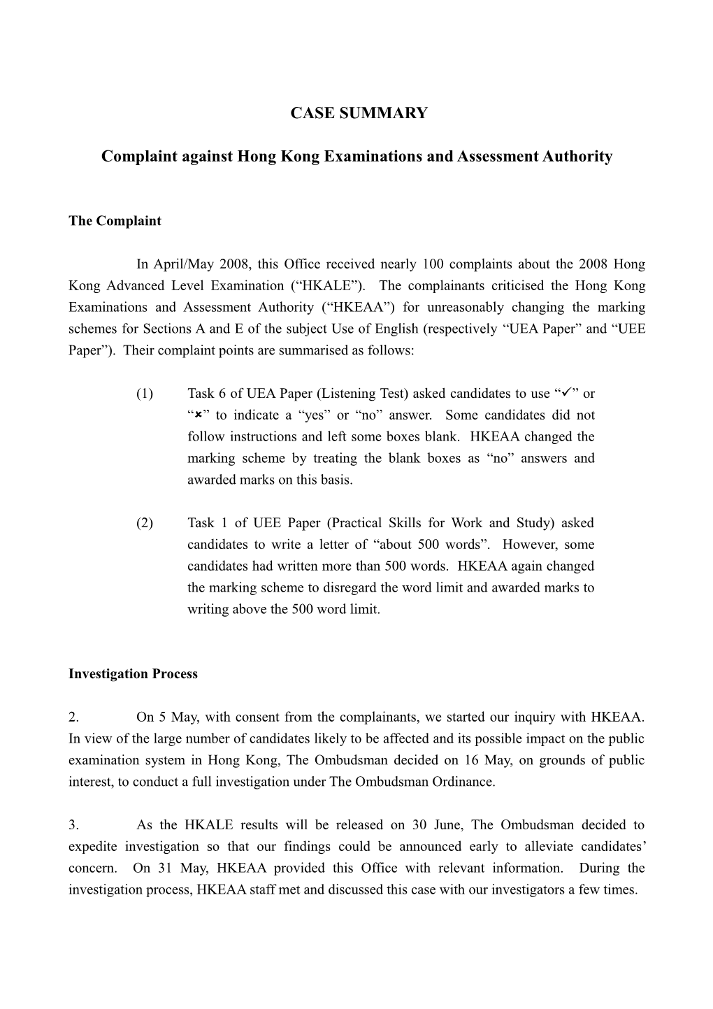 Complaint Against Hong Kong Examinations and Assessment Authority