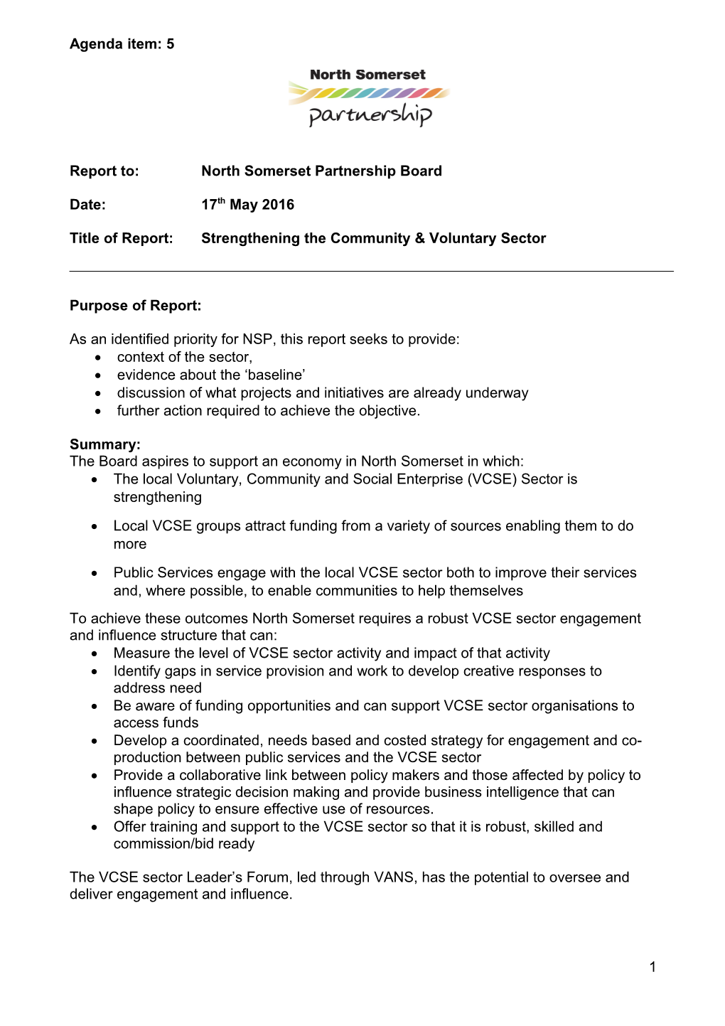Report To:North Somerset Partnership Board