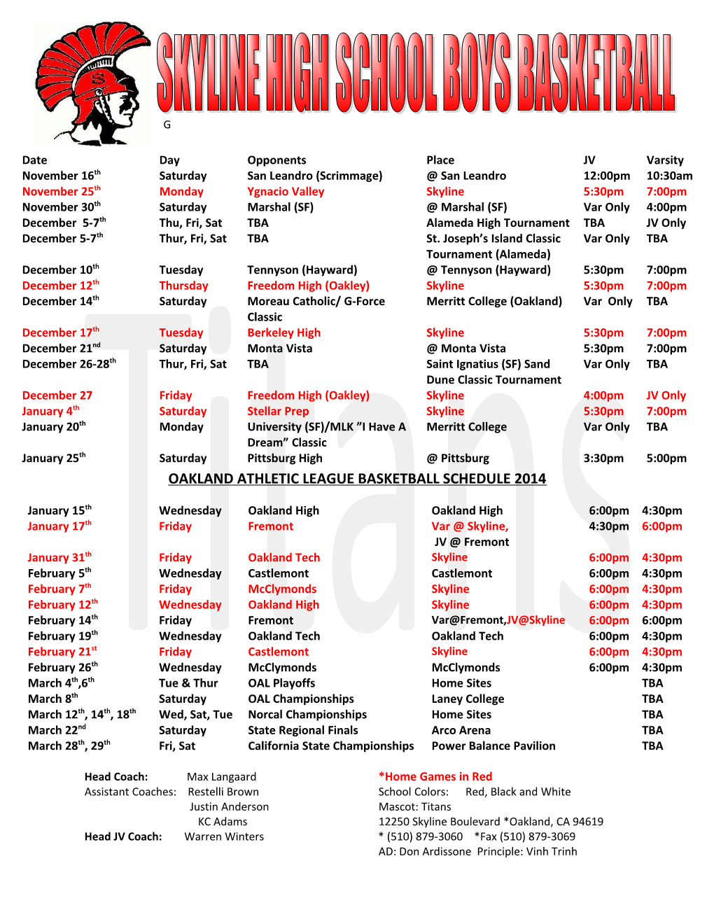 Oakland Athletic League Basketball Schedule 2014