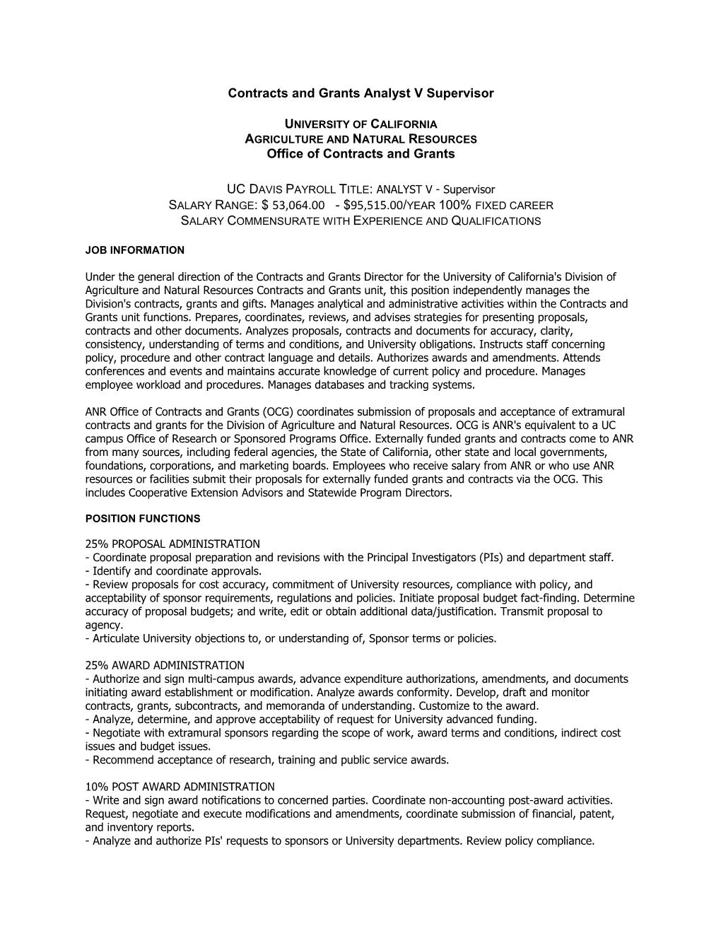 Analyst Iv, Contracts and Grants, Agriculture and Natural Resources