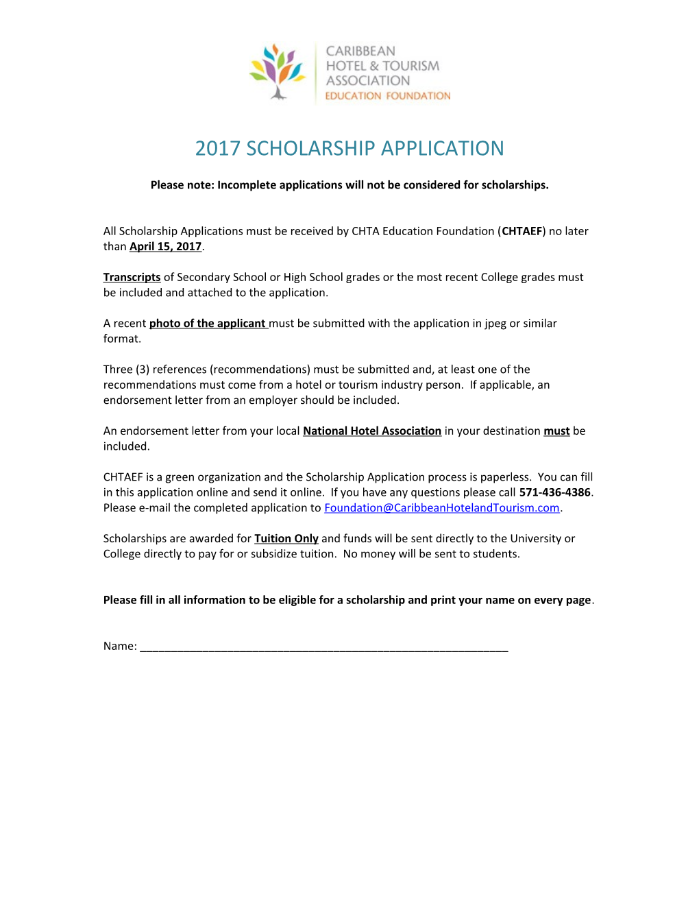 CHTAEF SCHOLARSHIP APPLICATION Page 1