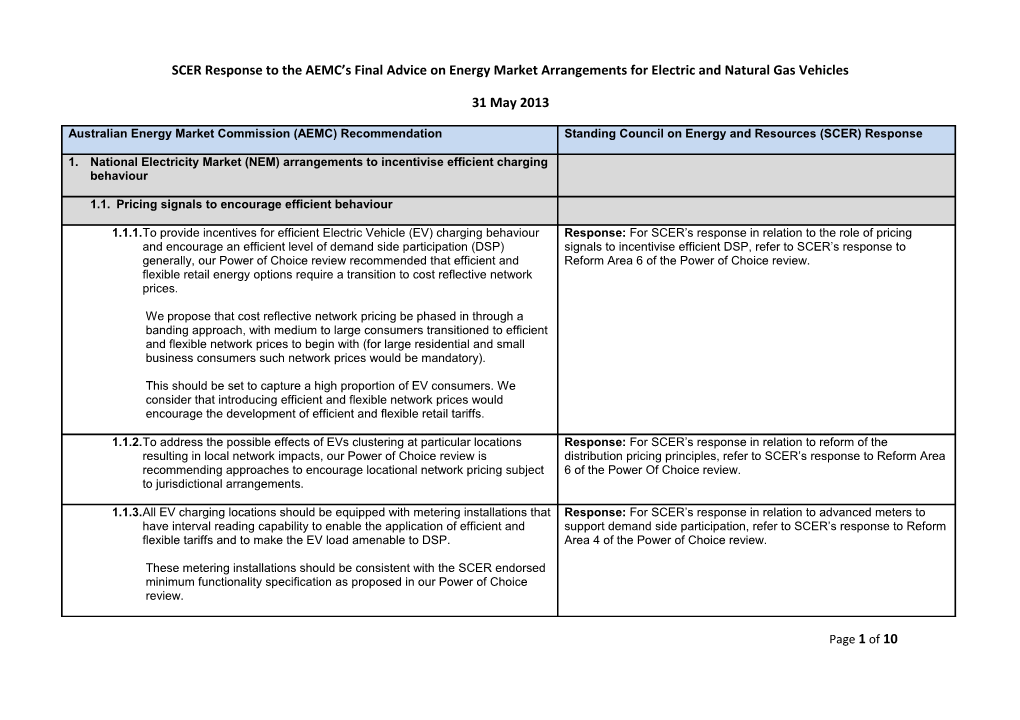 SCER Response to the AEMC S Final Advice on Energy Market Arrangements for Electric And