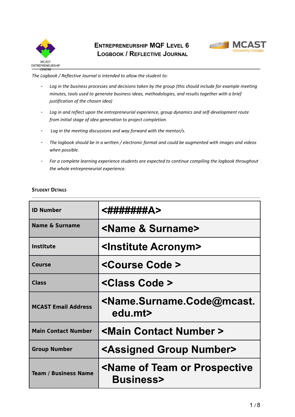 Entrepreneurship Level 6 - Log Book & Reflective Journal Template