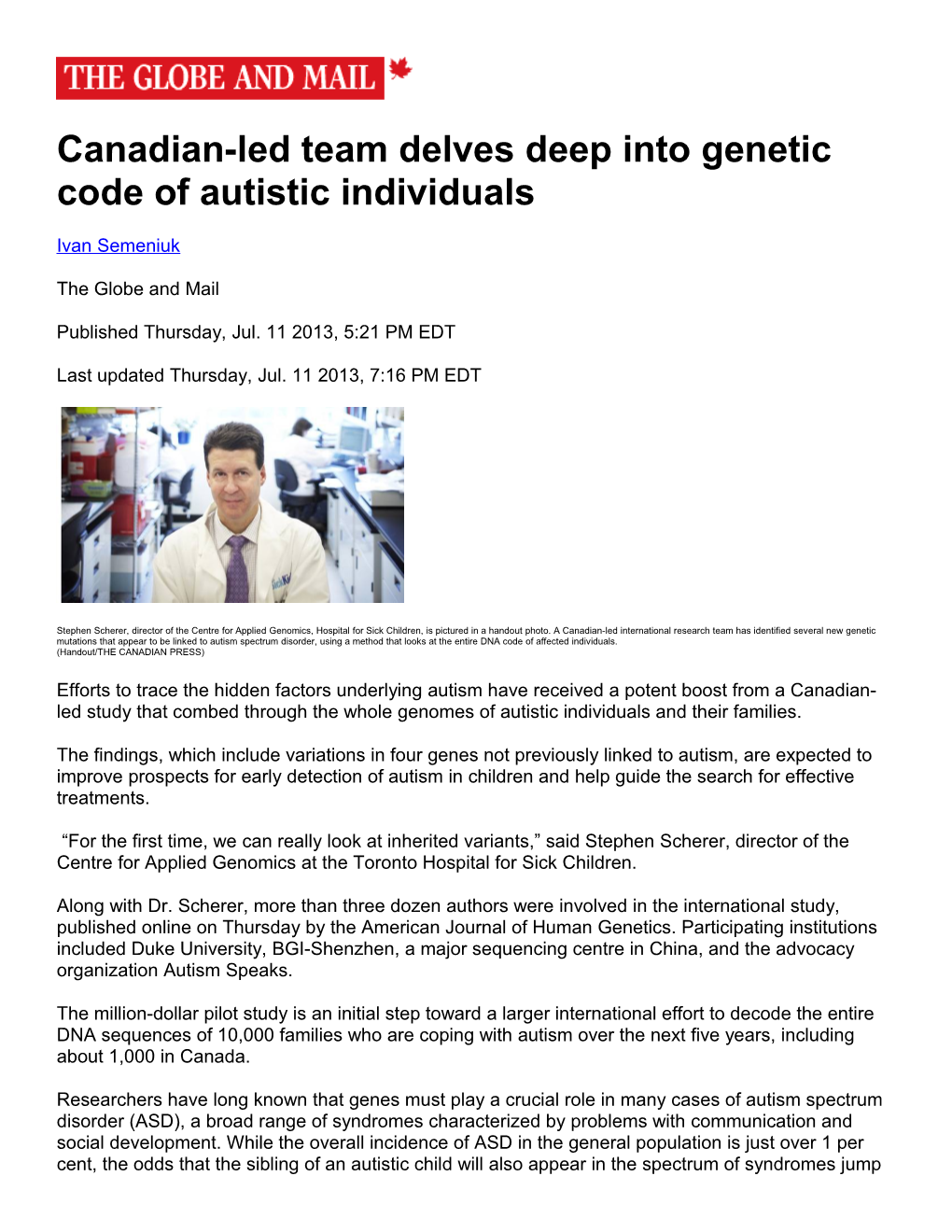 Canadian-Led Team Delves Deep Into Genetic Code of Autistic Individuals