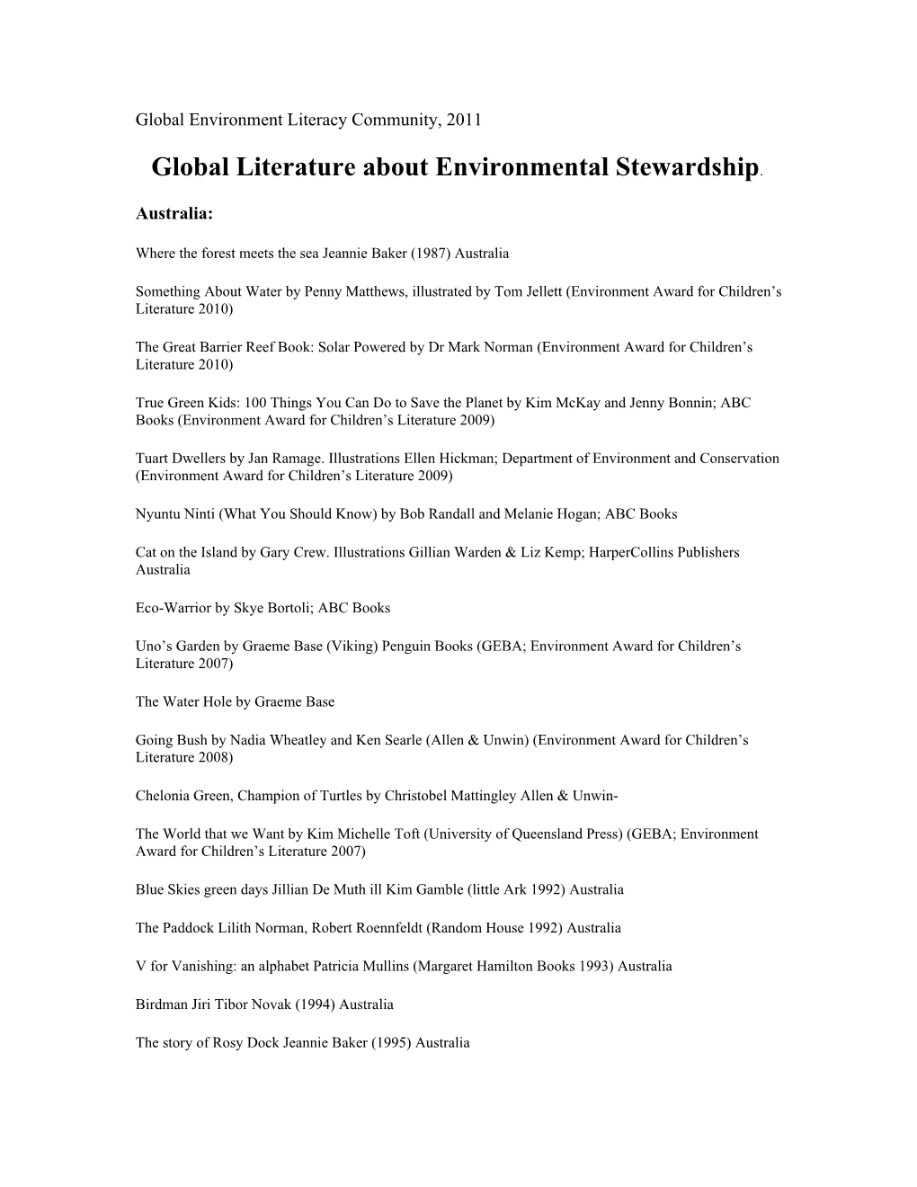 Global Environment Literacy Community, 2011