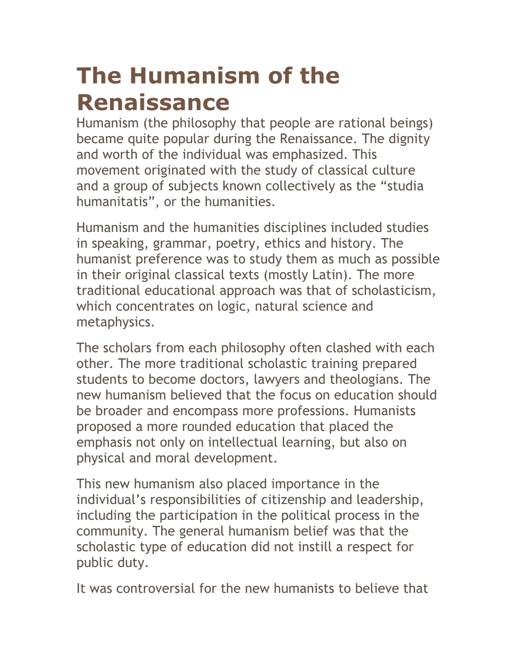 The Humanism of the Renaissance