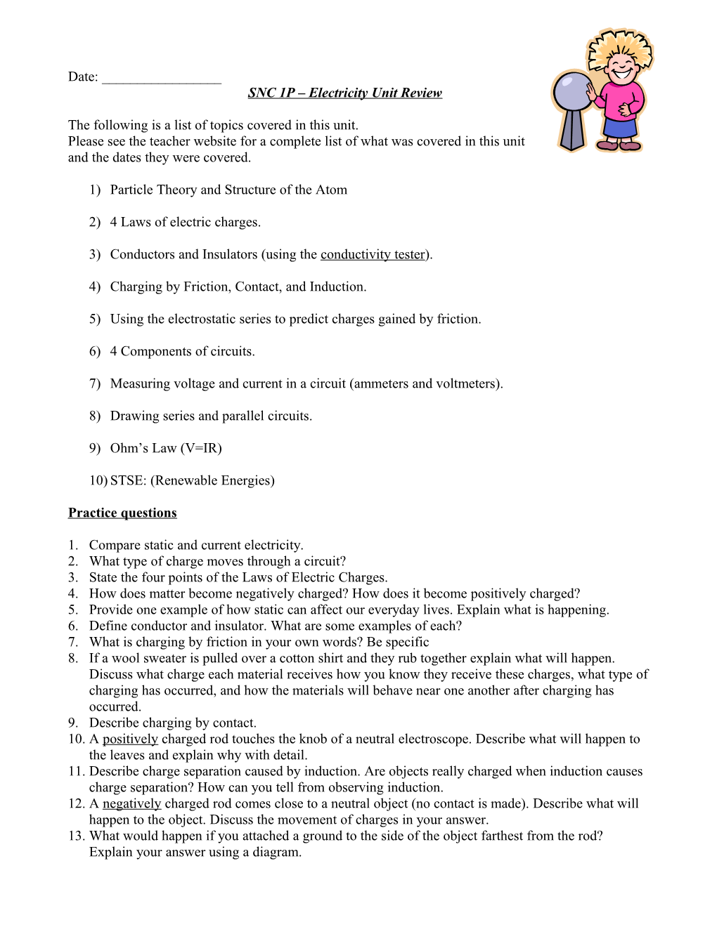 SNC 1P Electricity Unit Review