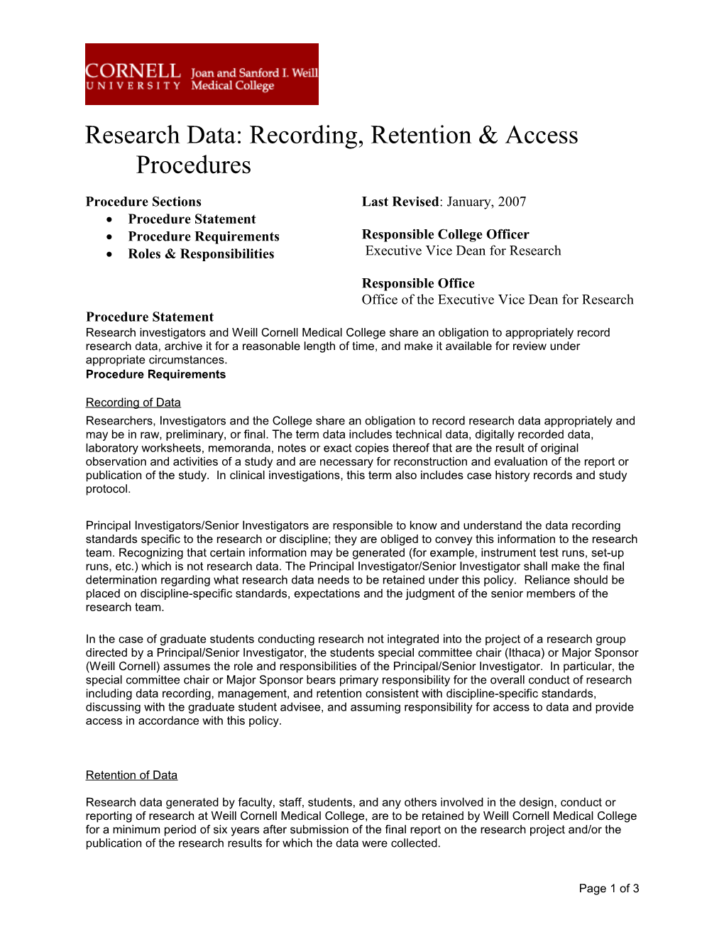 Research Data: Recording, Retention & Access Procedures