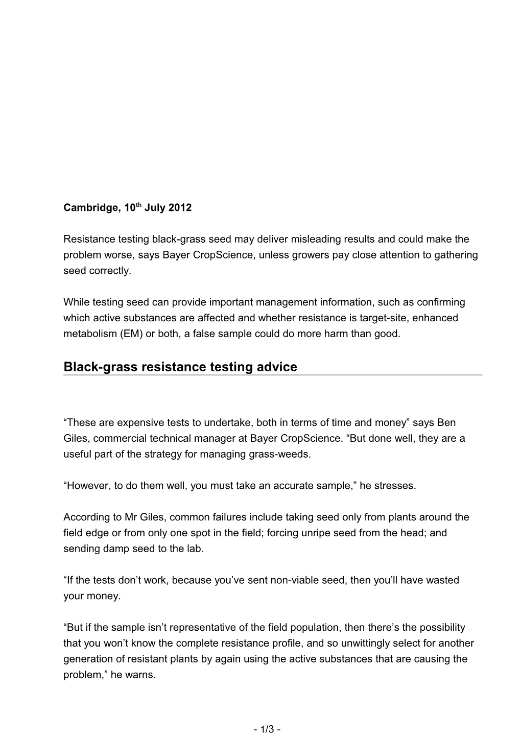 Black-Grass Resistance Testing Advice