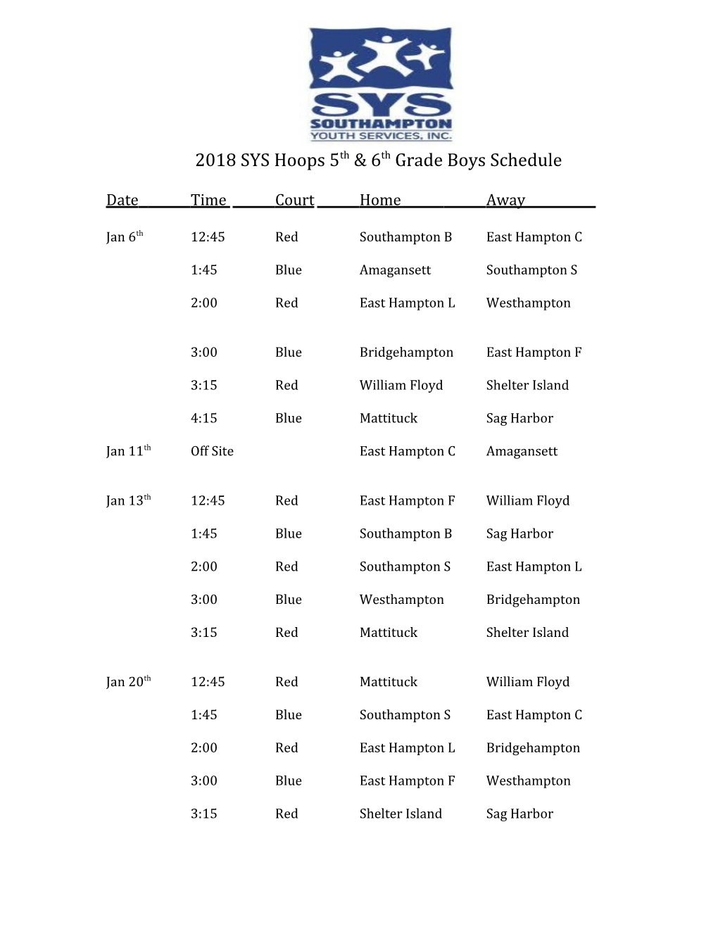 2018 SYS Hoops 5Th & 6Th Grade Boys Schedule