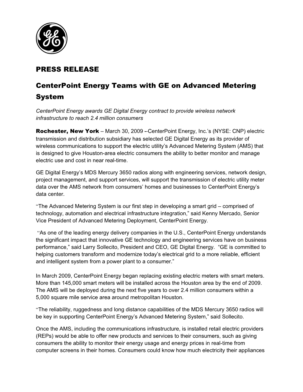Centerpoint Energy Press Release