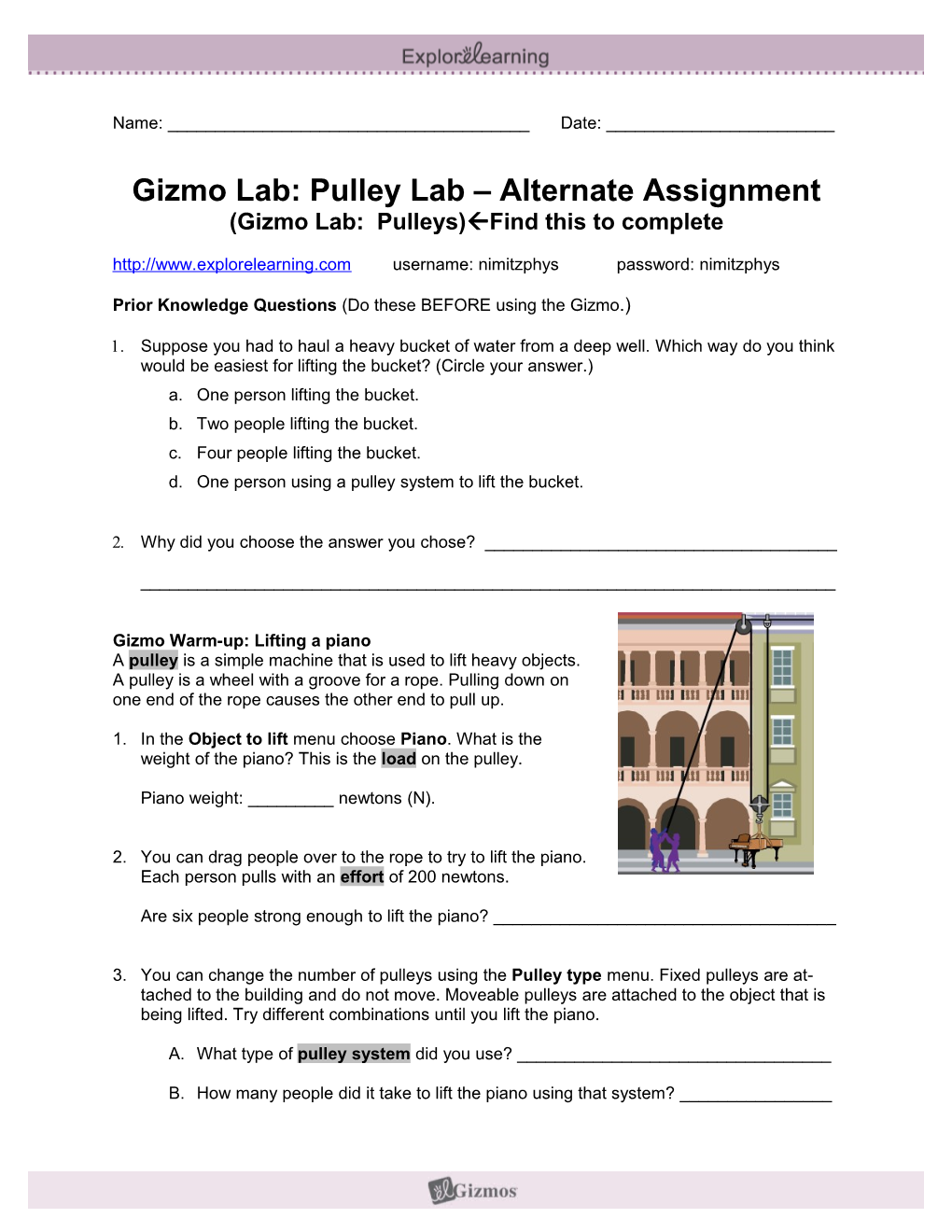 Gizmo Lab: Pulley Lab Alternate Assignment