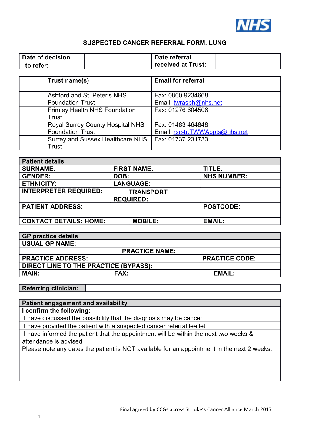 Suspected Cancer Referral Form: Lung