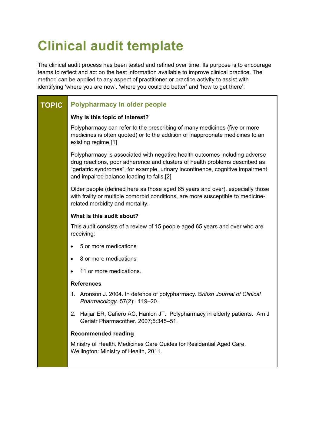 Clinical Audit Template