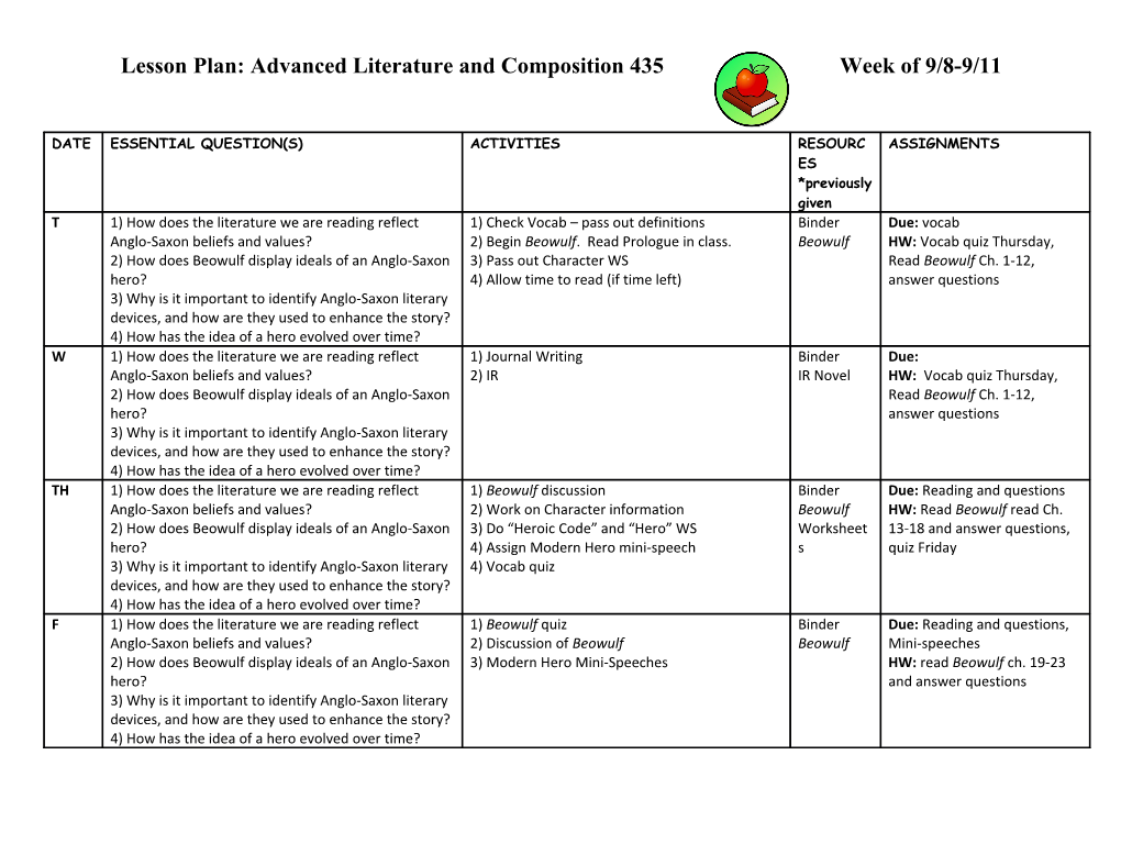 Lesson Plan:Advanced Literature and Composition 435 Week of 9/8-9/11