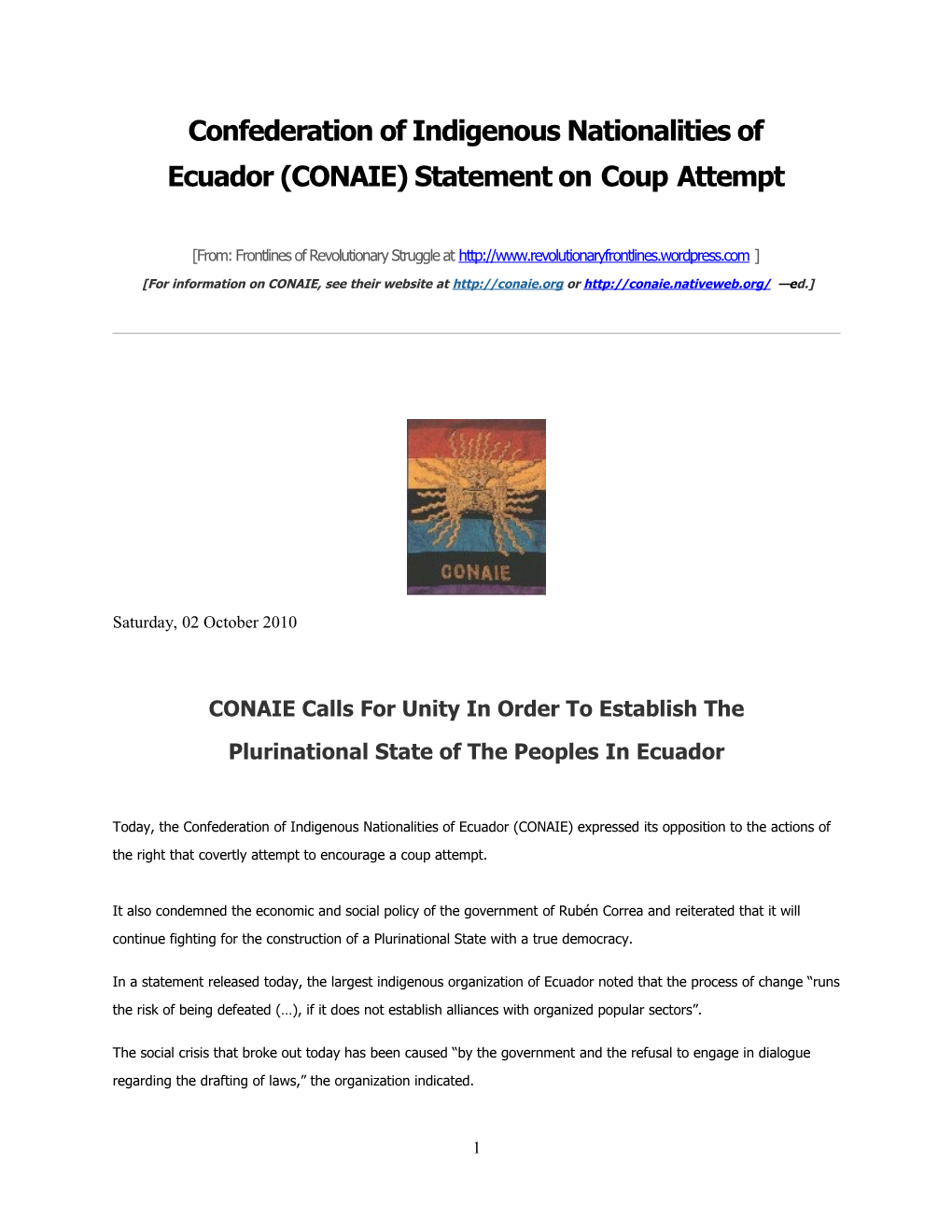 Ecuador (CONAIE) Statement Oncoupattempt