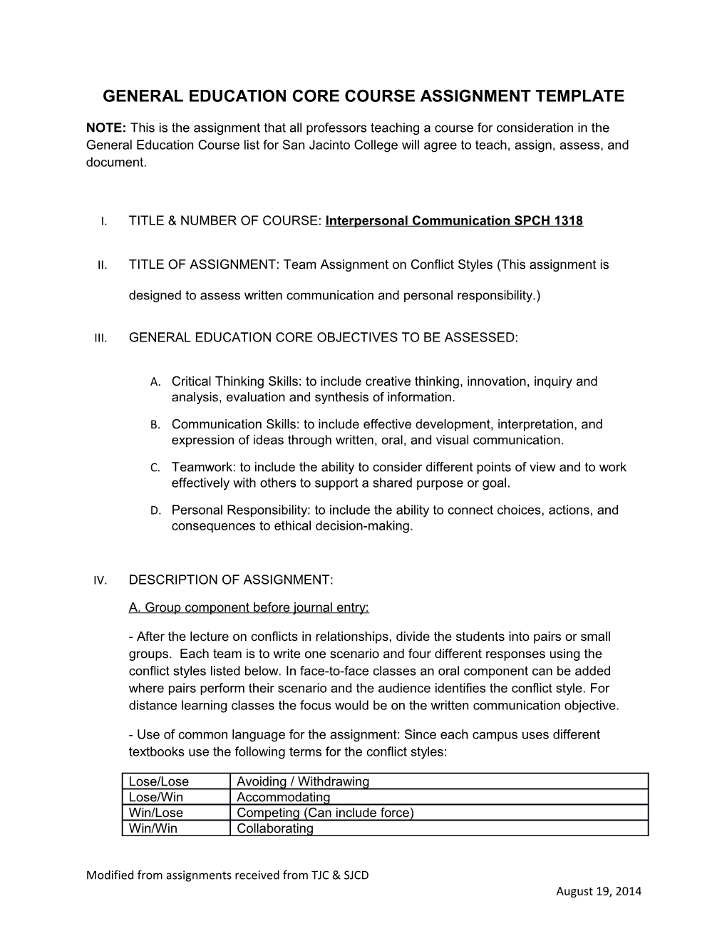 General Education Core Course Assignment Template