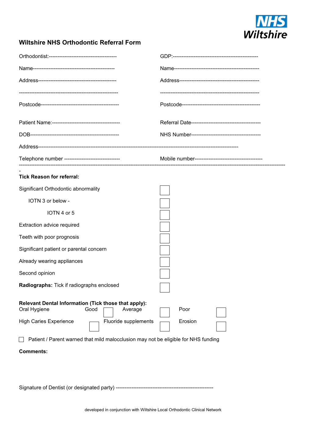 Wiltshire NHS Orthodontic Referral Form