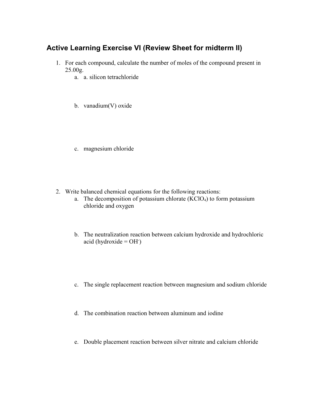 Active Learning Exercise VI (Review Sheet for Midterm II)