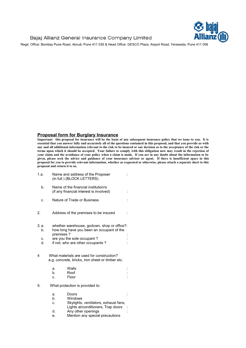 Proposal Form for Burglary Insurance