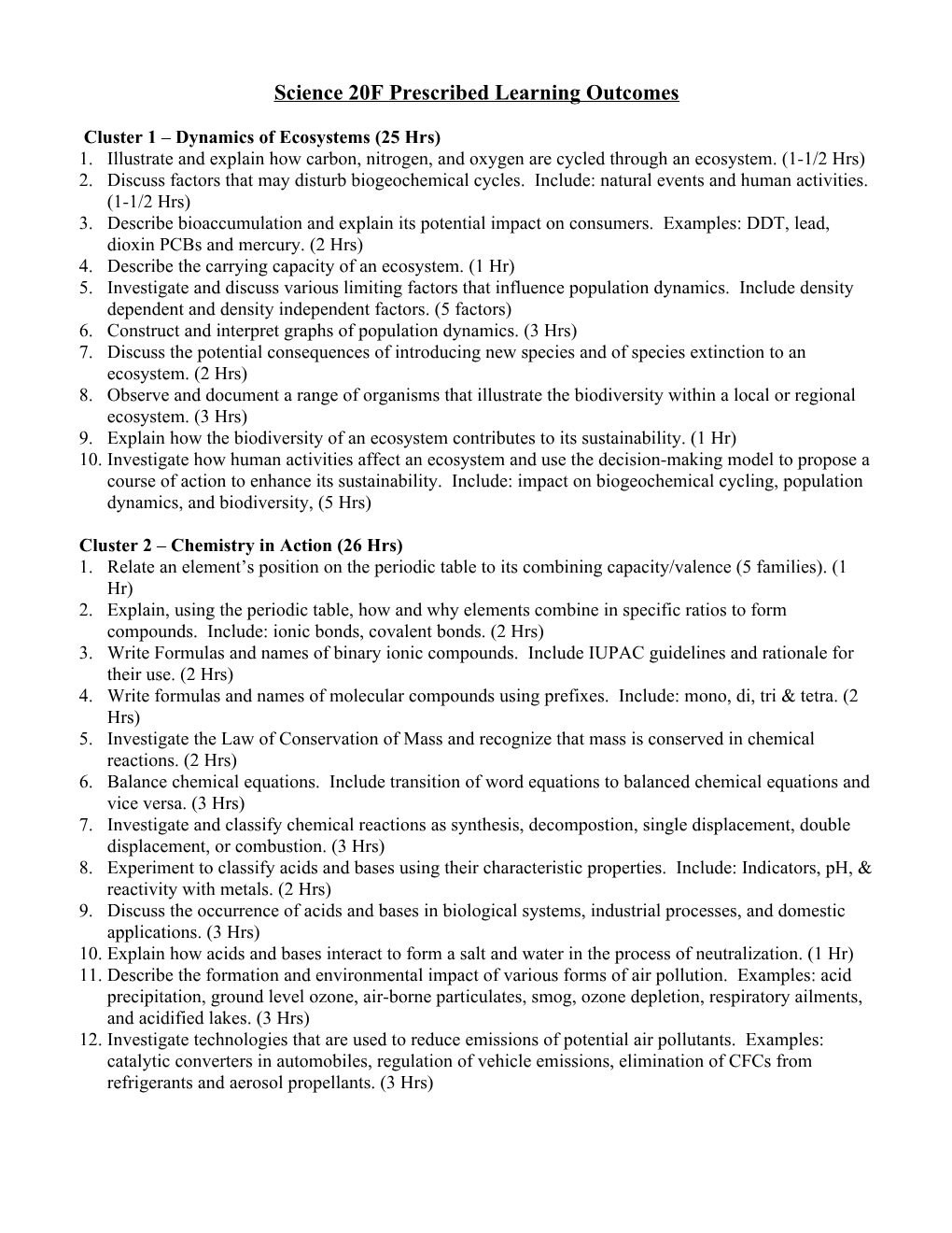 Science 20F Prescribed Learning Outcomes