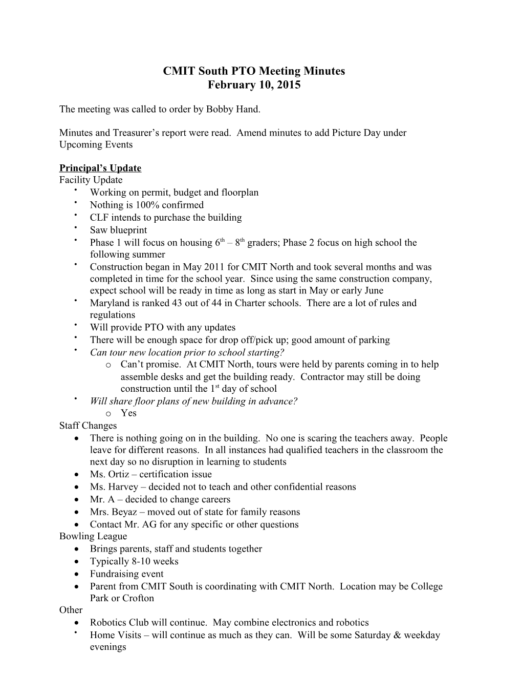 CMIT South PTO Meeting Minutes