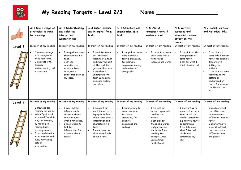 My Reading Targets Level 2/3 Name ______