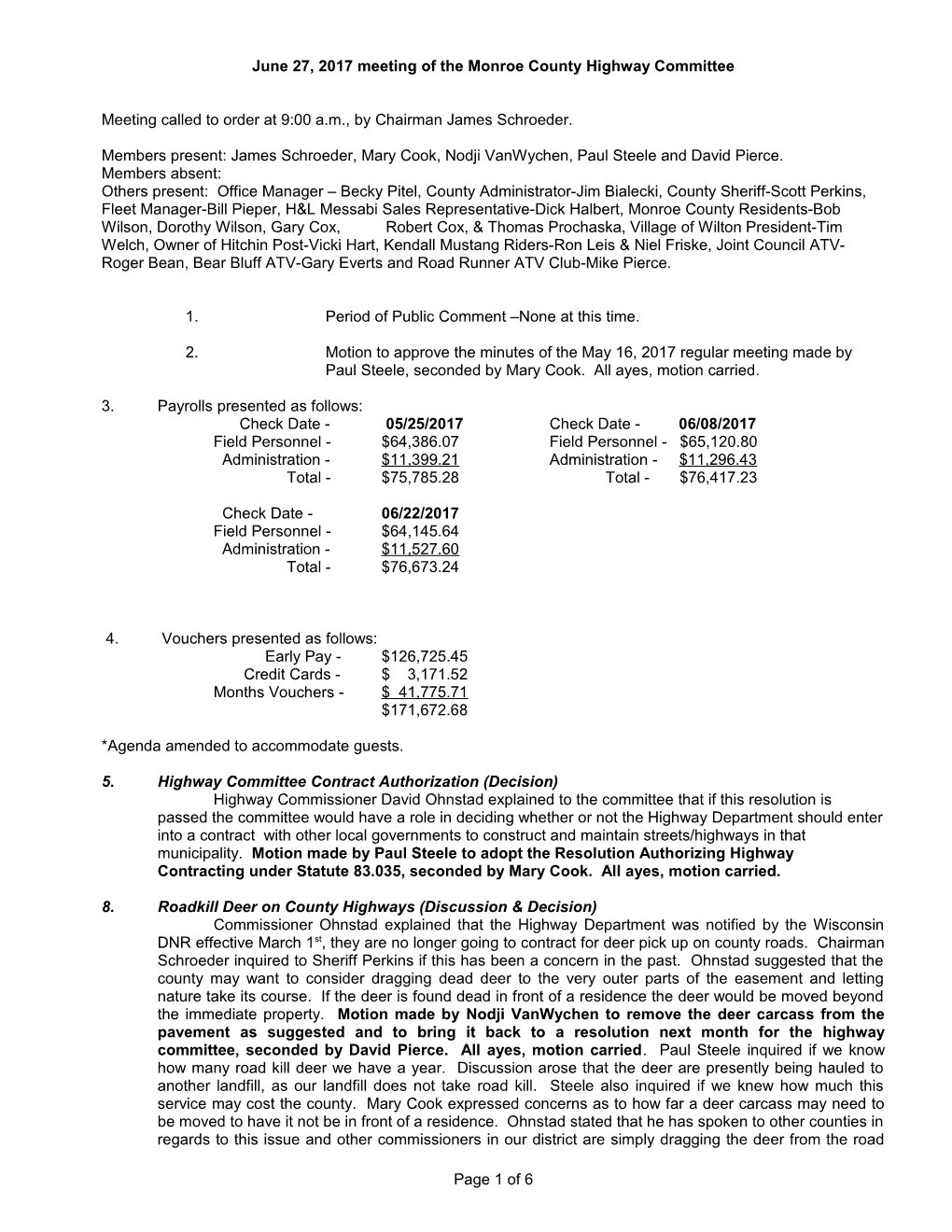 June 27, 2017 Meeting of the Monroe County Highway Committee