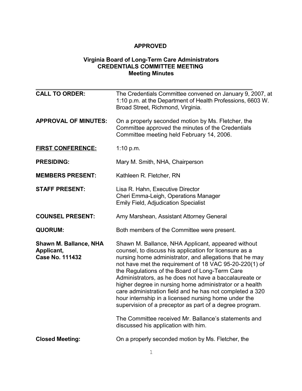 Board of Long-Term Care Administrators - Credentials Committee Meeting Minutes - January 9, 2007