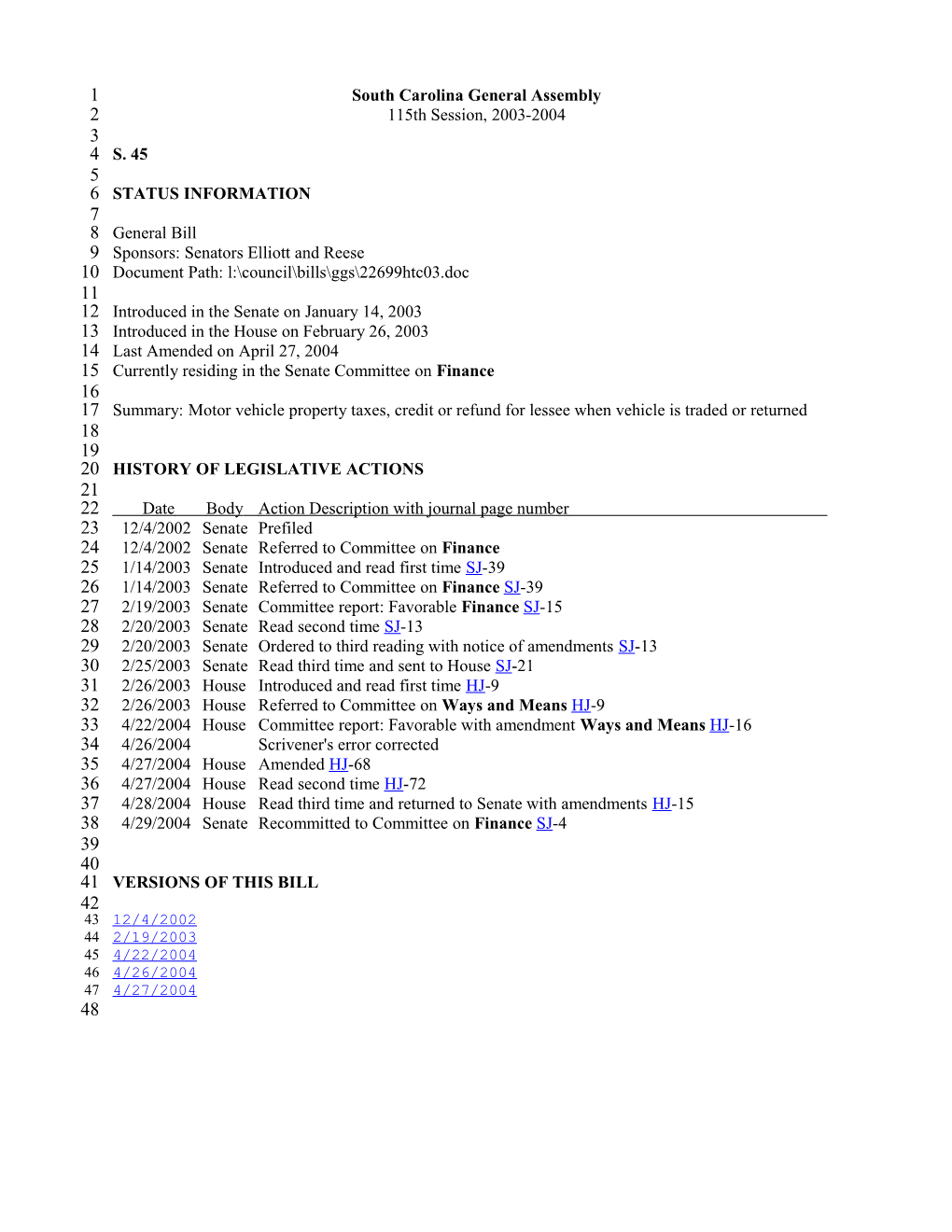 2003-2004 Bill 45: Motor Vehicle Property Taxes, Credit Or Refund for Lessee When Vehicle