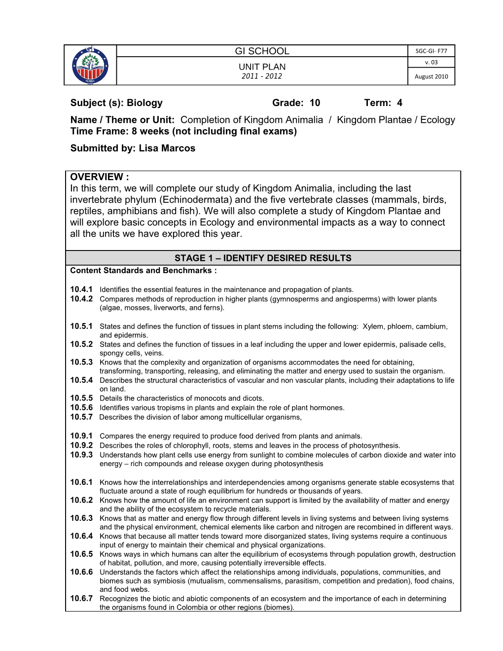 Subject (S): Biology Grade: 10 Term: 4