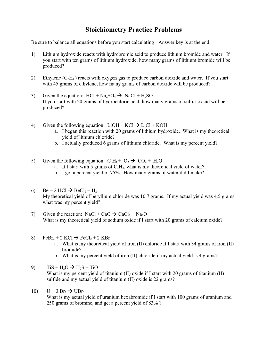 Stoichiometry Practice Problems