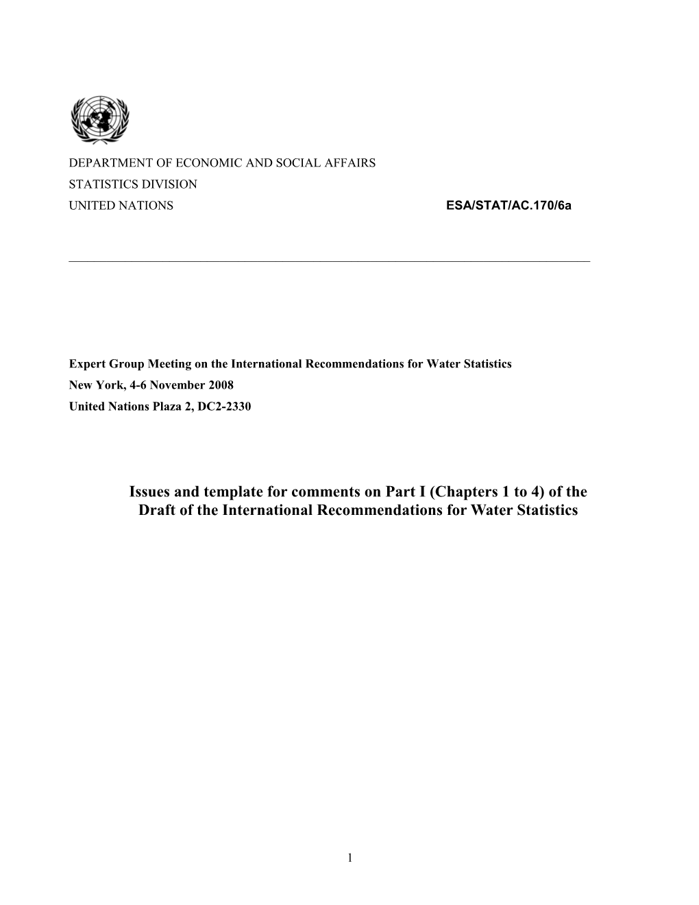 International Recommendations for Water Statistics Part I Review