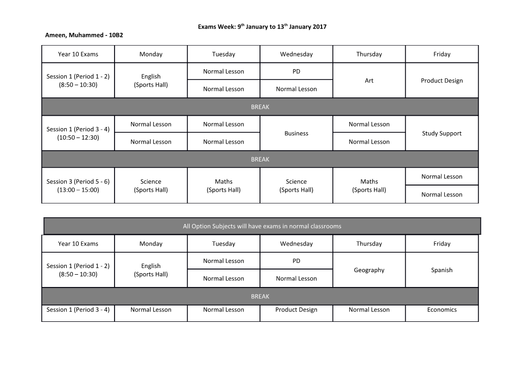 Exams Week: 9Th January to 13Th January 2017