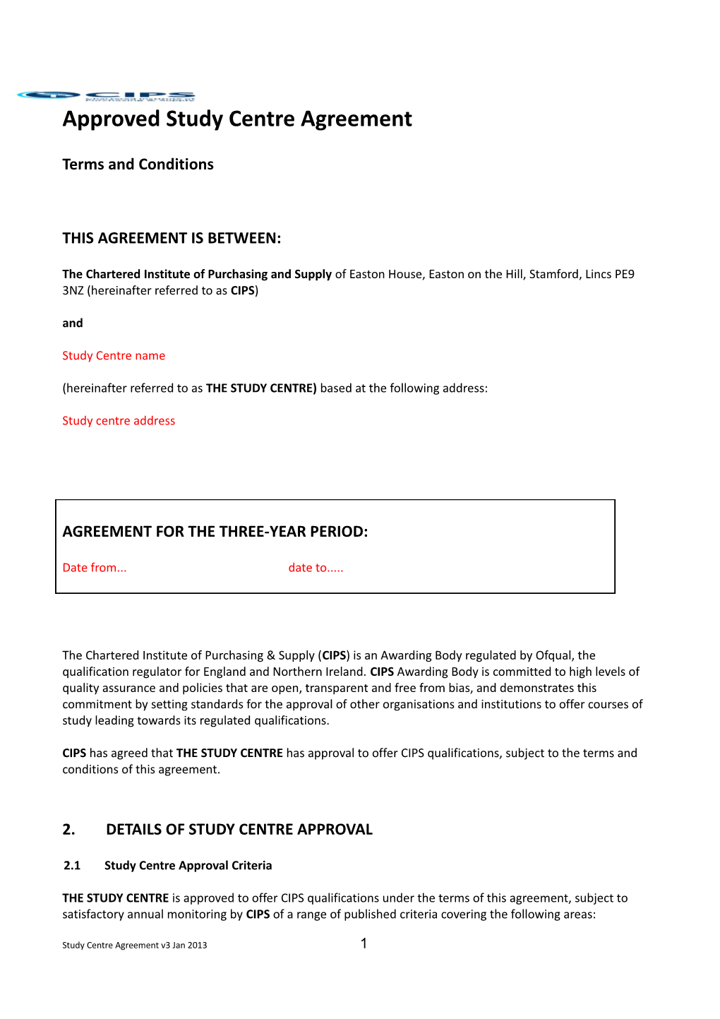 Approved Study Centre Agreement