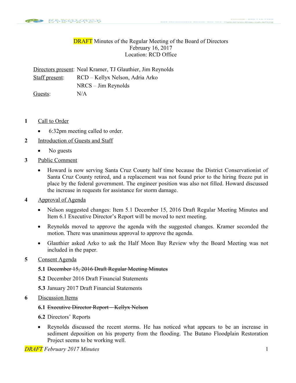 DRAFT Minutes of the Regular Meeting of the Board of Directors