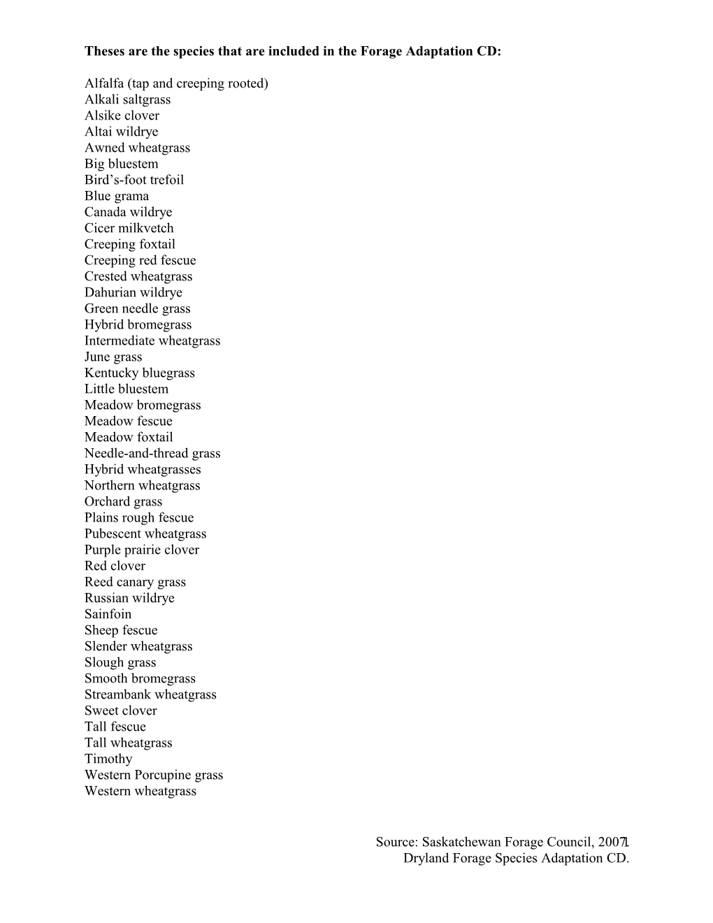 Theses Are the Species That Are Included in the Forage Adaptation CD