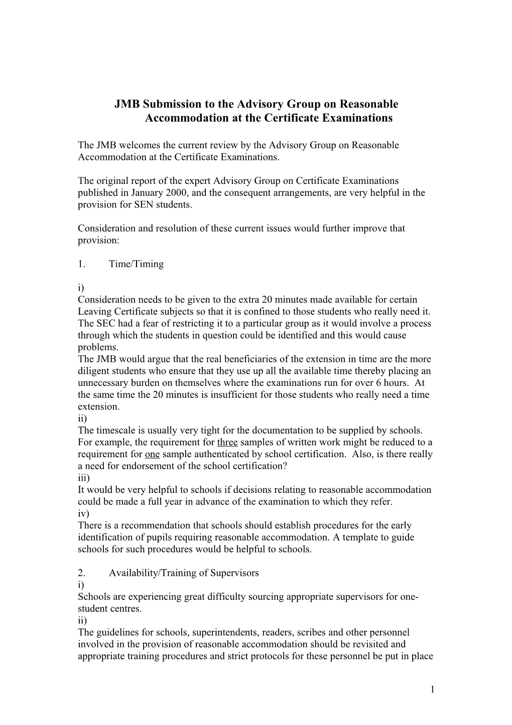 Submission to the Advisory Group on Reasonable Accommodation at the Certificate Examinations