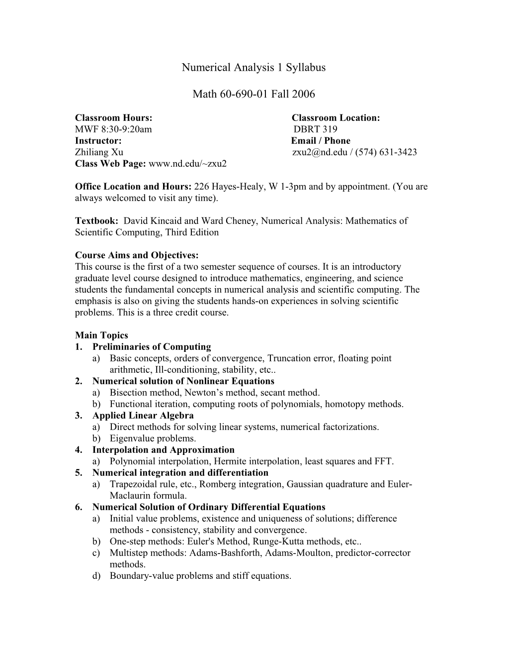 Numerical Analysis 1 Syllabus